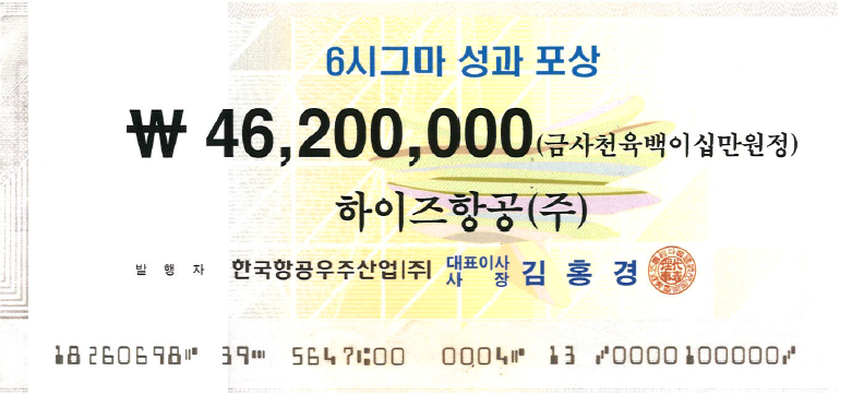 하이즈 항공, KAI로부터 ‘6시그마 성과 포상금’ 수령